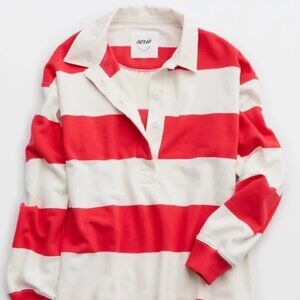 Aerie Prep Rally Rugby Sweatshirt Small Red & White Striped Oversized Pullover